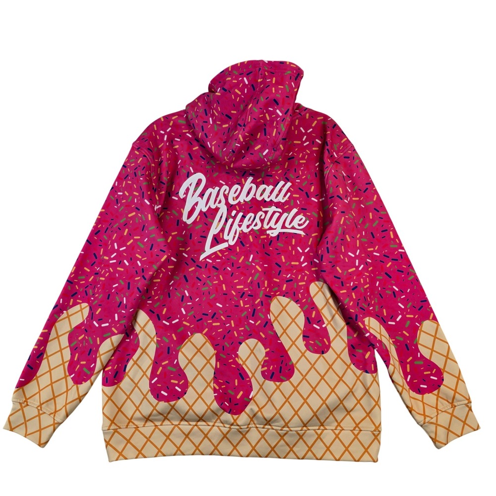Baseball Lifestyle 101 Ice Cream Sprinkle Waffle Cone Pink Hoodie Mens Large - Picture 3 of 10